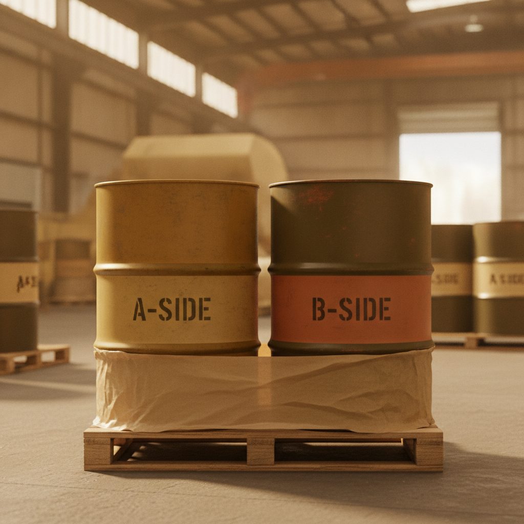 Spray foam chemical drums staged for delivery to a contractor